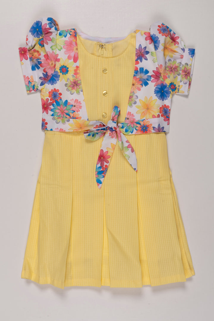 The Nesavu Girls Cotton Frock Sunny Delight Yellow Cotton Frock with Floral Jacket for Girls Nesavu 22 (4Y) / Yellow / Cotton GFC1259B-22 Girls Yellow Dress with Colorful Floral Jacket | Cheerful Summer Wear | The Nesavu