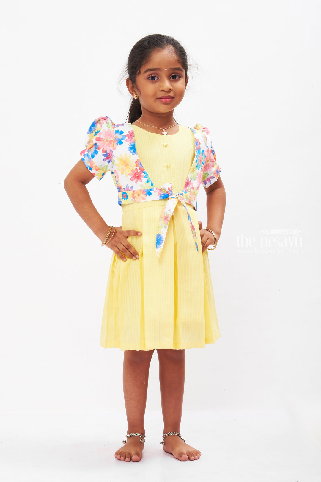 The Nesavu Girls Cotton Frock Sunny Delight Yellow Cotton Frock with Floral Jacket for Girls Nesavu 22 (4Y) / Yellow / Cotton GFC1259B-22 Girls Yellow Dress with Colorful Floral Jacket | Cheerful Summer Wear | The Nesavu