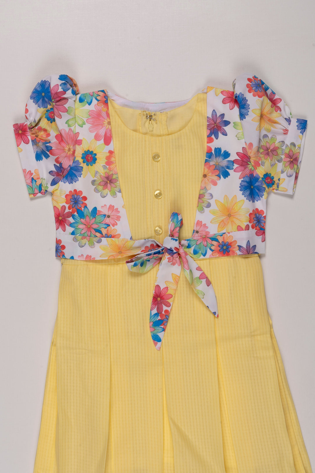 The Nesavu Girls Cotton Frock Sunny Delight Yellow Cotton Frock with Floral Jacket for Girls Nesavu Girls Yellow Dress with Colorful Floral Jacket | Cheerful Summer Wear | The Nesavu