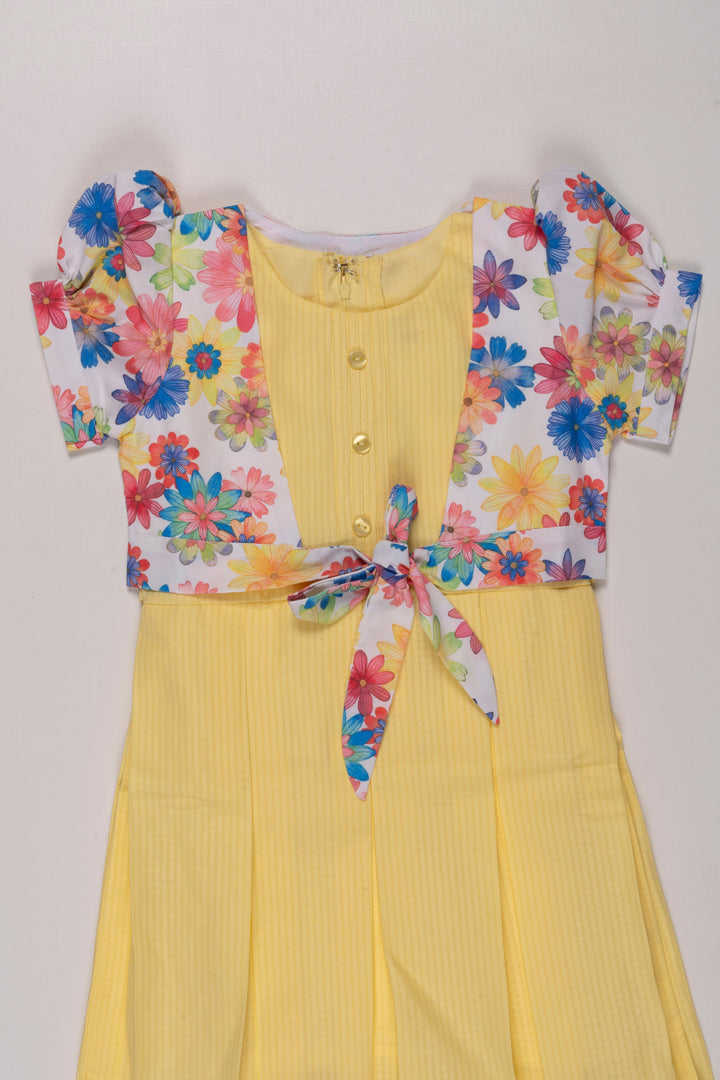 The Nesavu Girls Cotton Frock Sunny Delight Yellow Cotton Frock with Floral Jacket for Girls Nesavu Girls Yellow Dress with Colorful Floral Jacket | Cheerful Summer Wear | The Nesavu