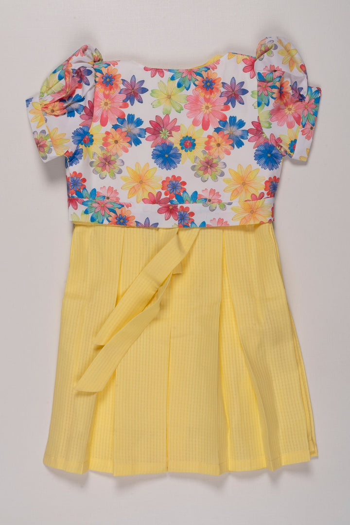 The Nesavu Girls Cotton Frock Sunny Delight Yellow Cotton Frock with Floral Jacket for Girls Nesavu Girls Yellow Dress with Colorful Floral Jacket | Cheerful Summer Wear | The Nesavu