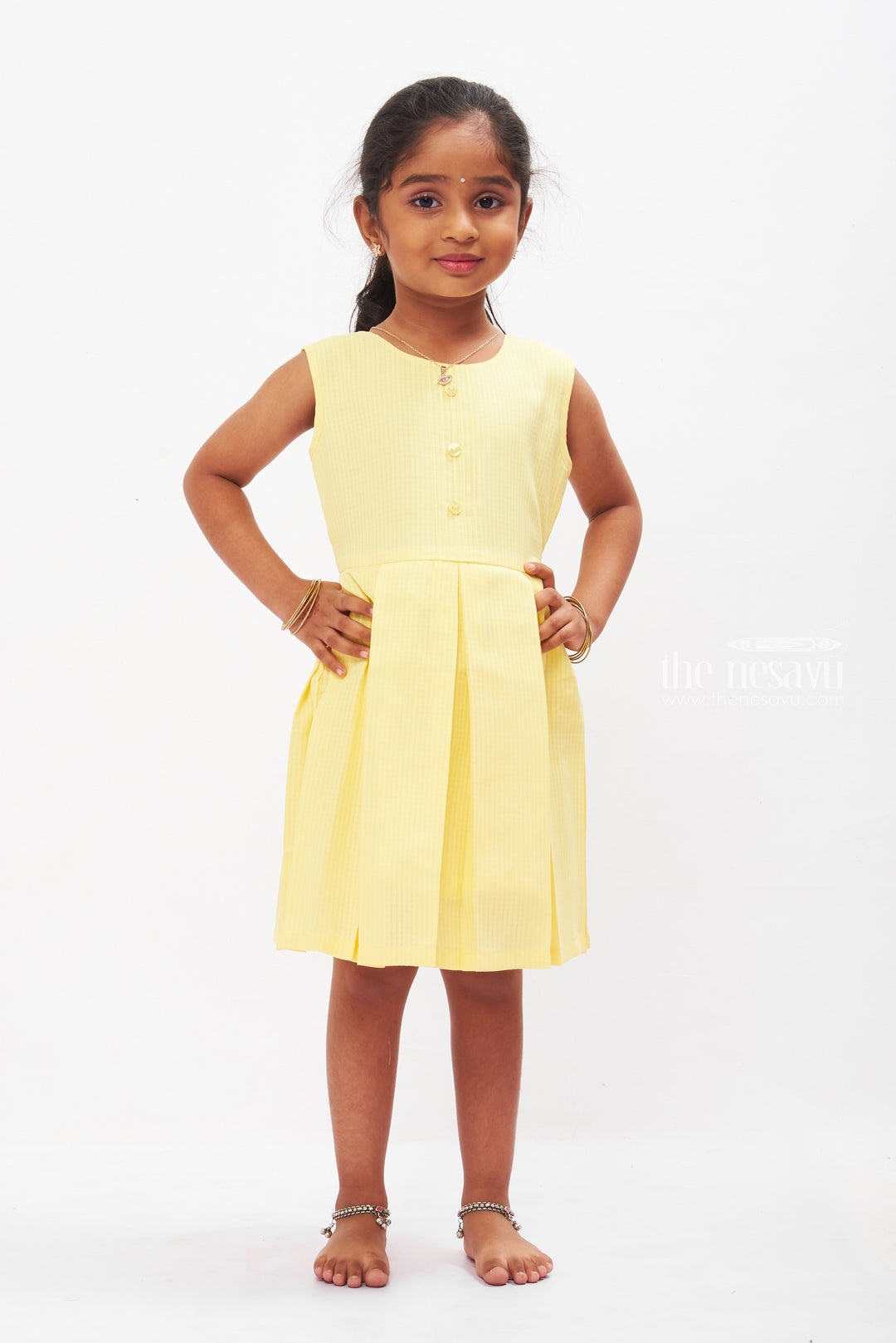 The Nesavu Girls Cotton Frock Sunny Delight Yellow Cotton Frock with Floral Jacket for Girls Nesavu Girls Yellow Dress with Colorful Floral Jacket | Cheerful Summer Wear | The Nesavu