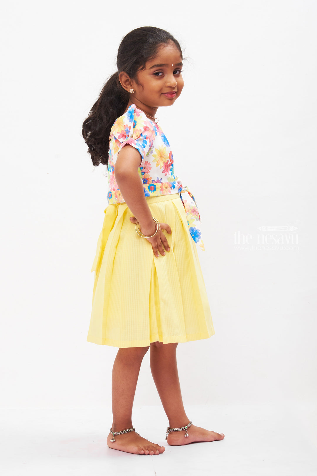 The Nesavu Girls Cotton Frock Sunny Delight Yellow Cotton Frock with Floral Jacket for Girls Nesavu Girls Yellow Dress with Colorful Floral Jacket | Cheerful Summer Wear | The Nesavu