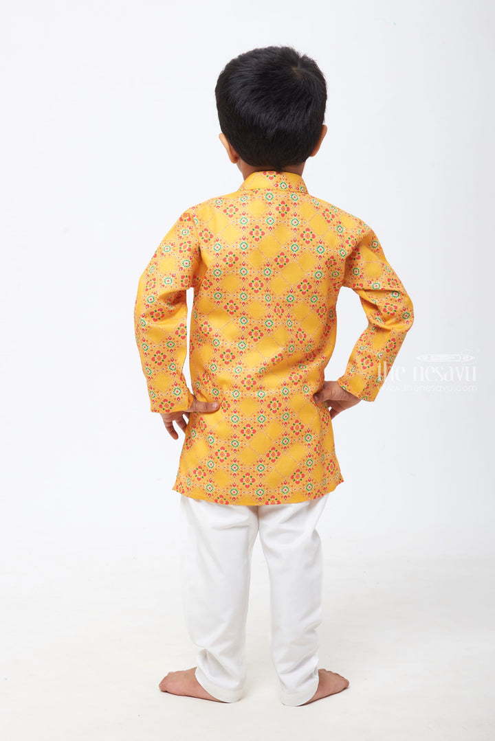 The Nesavu Boys Kurtha Set Sunny Elegance: Boys Yellow Kurta Shirt with Floral Patterns and White Pant Set Nesavu Crafted for Celebrations | Boys Festive Kurta and Pant Collection | The Nesavu