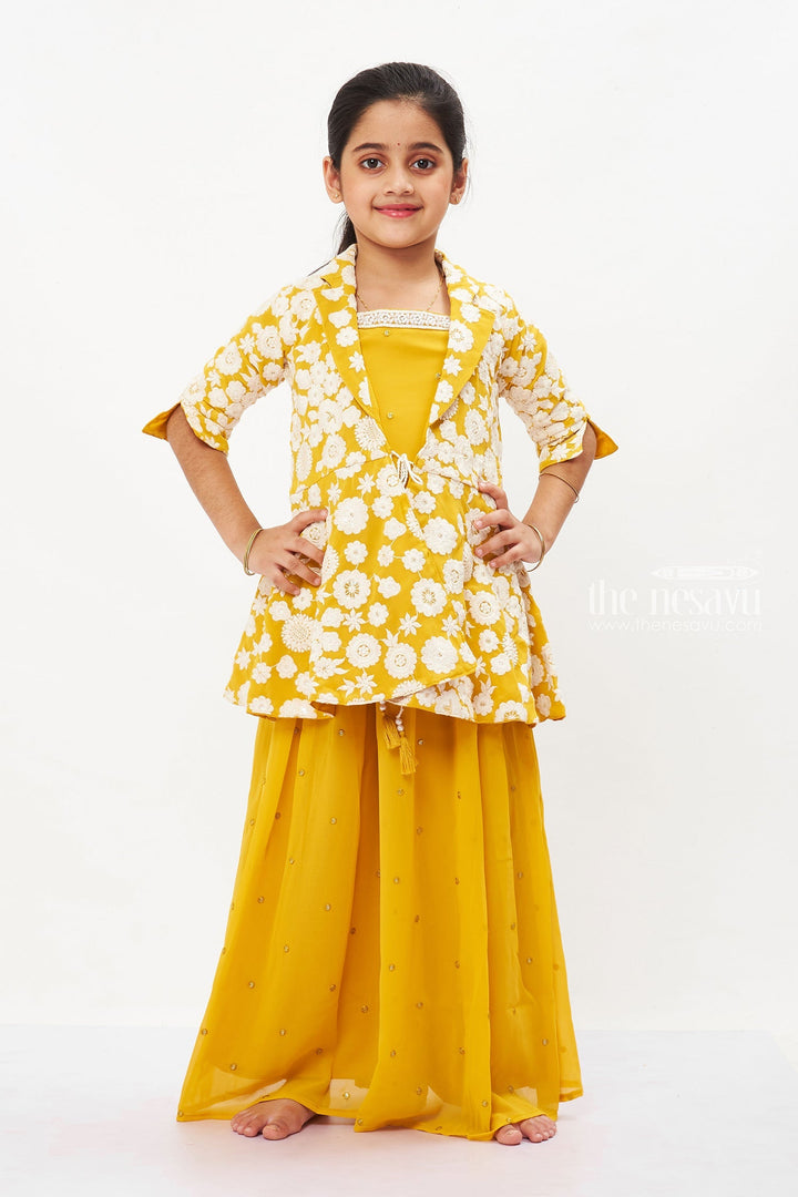 The Nesavu Girls Sharara / Plazo Set Sunny Elegance: Girls' Vibrant Yellow Kurti and Palazzo Set Nesavu 24 (5Y) / Yellow / Georgette GPS295A-24 Girls' Yellow Floral Kurti & Palazzo Set for Wedding Season | The Nesavu