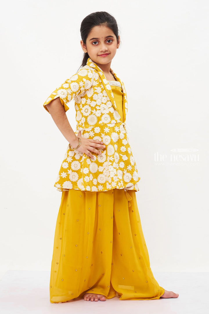 The Nesavu Girls Sharara / Plazo Set Sunny Elegance: Girls' Vibrant Yellow Kurti and Palazzo Set Nesavu Girls' Yellow Floral Kurti & Palazzo Set for Wedding Season | The Nesavu