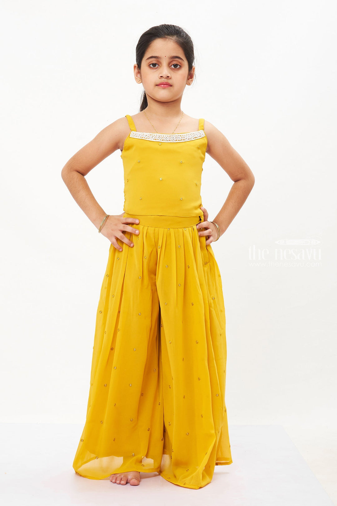 The Nesavu Girls Sharara / Plazo Set Sunny Elegance: Girls' Vibrant Yellow Kurti and Palazzo Set Nesavu Girls' Yellow Floral Kurti & Palazzo Set for Wedding Season | The Nesavu