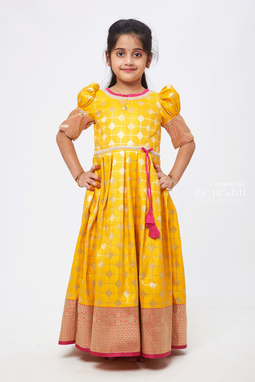 The Nesavu Silk Gown Sunny Elegance: Yellow & Pink Zari Checkered Pleated Jacquard Silk Gown for Girls Nesavu 16 (1Y) / Yellow / Jacquard GA154D-16 Beautiful Anarkali Dress for Wedding| | Elegant Anarkali Dress Collections | The Nesavu