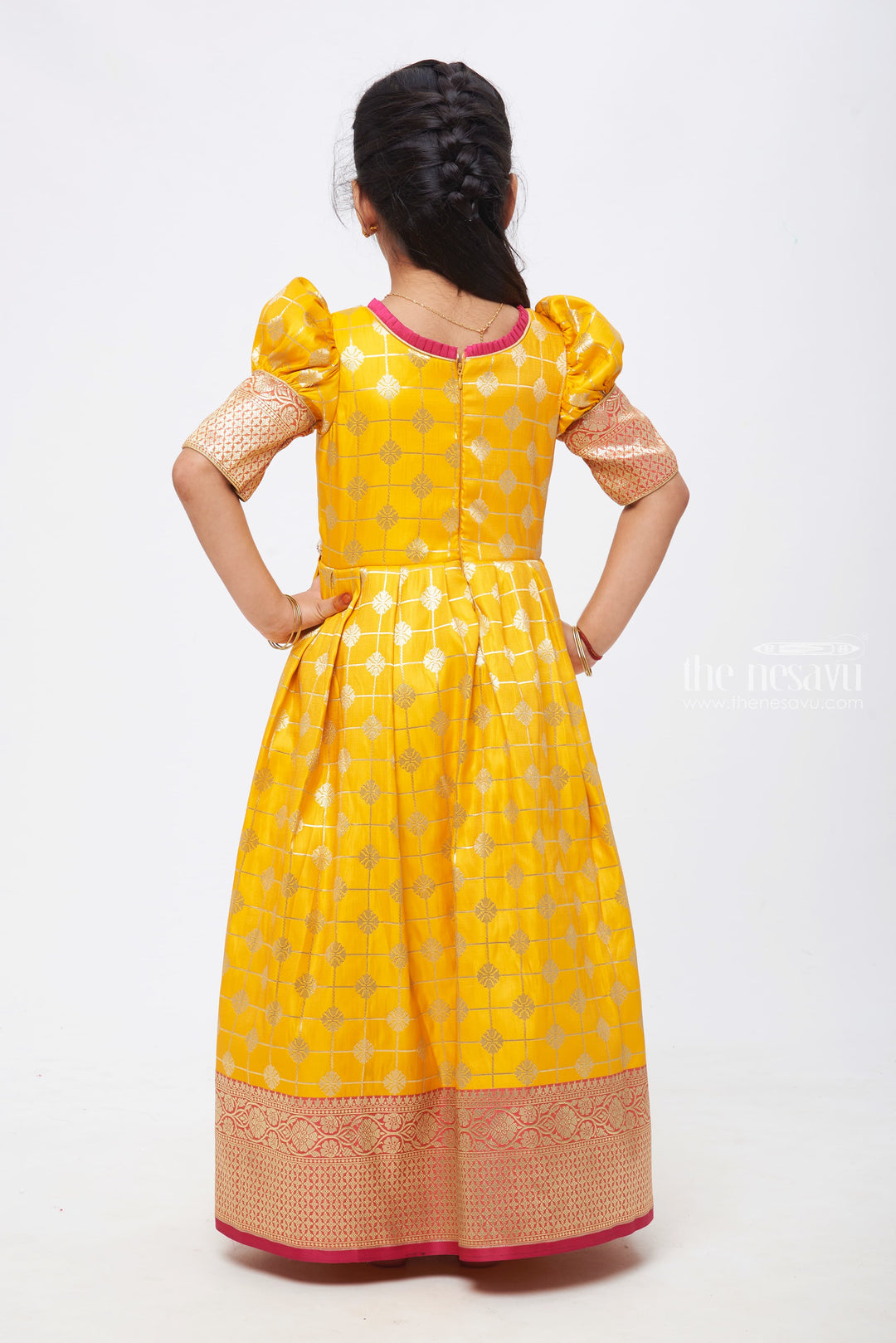 The Nesavu Silk Gown Sunny Elegance: Yellow & Pink Zari Checkered Pleated Jacquard Silk Gown for Girls Nesavu Beautiful Anarkali Dress for Wedding| | Elegant Anarkali Dress Collections | The Nesavu