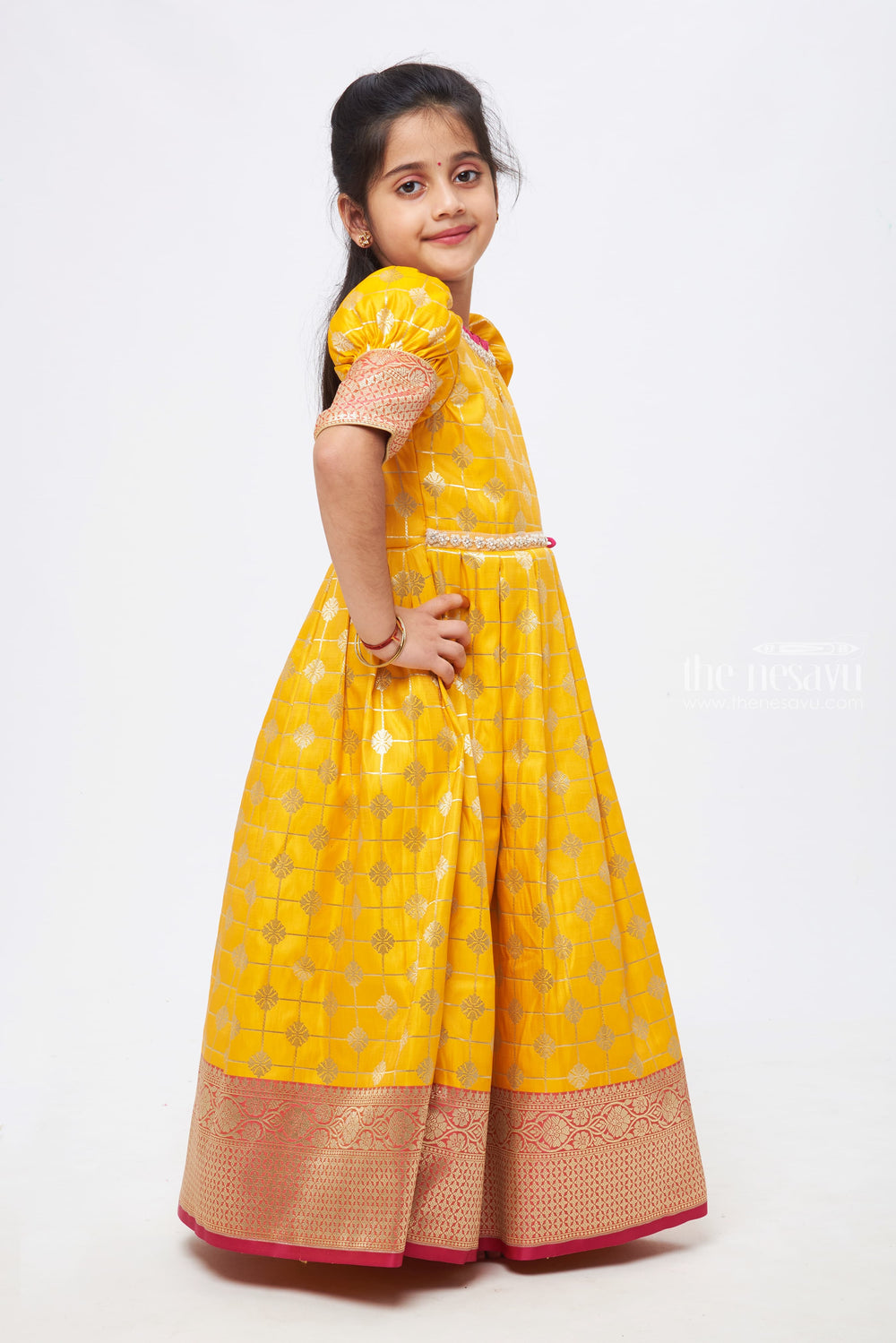 The Nesavu Silk Gown Sunny Elegance: Yellow & Pink Zari Checkered Pleated Jacquard Silk Gown for Girls Nesavu Beautiful Anarkali Dress for Wedding| | Elegant Anarkali Dress Collections | The Nesavu