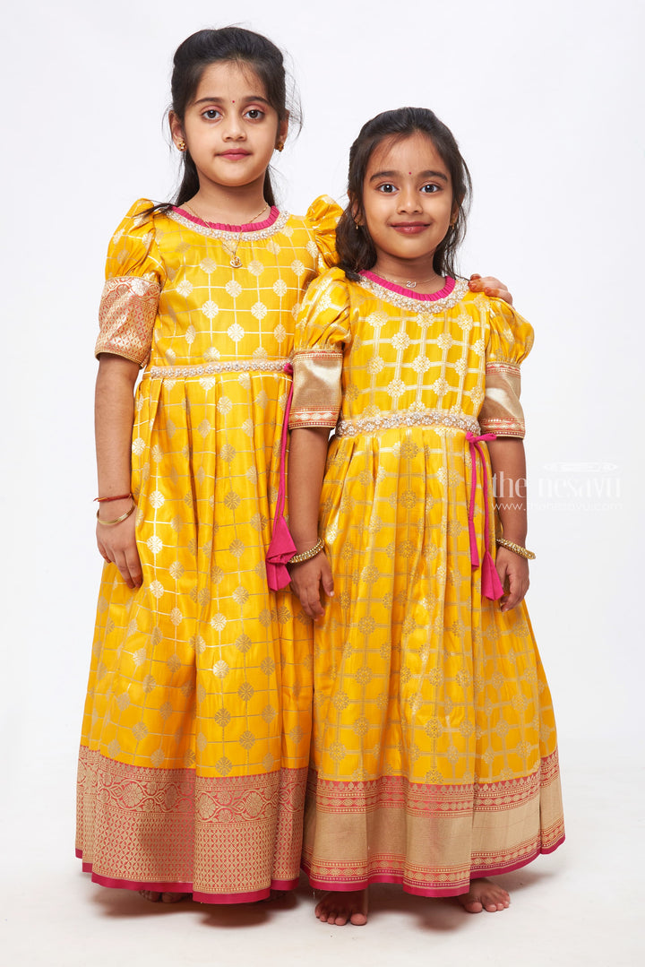 The Nesavu Silk Gown Sunny Elegance: Yellow & Pink Zari Checkered Pleated Jacquard Silk Gown for Girls Nesavu Beautiful Anarkali Dress for Wedding| | Elegant Anarkali Dress Collections | The Nesavu