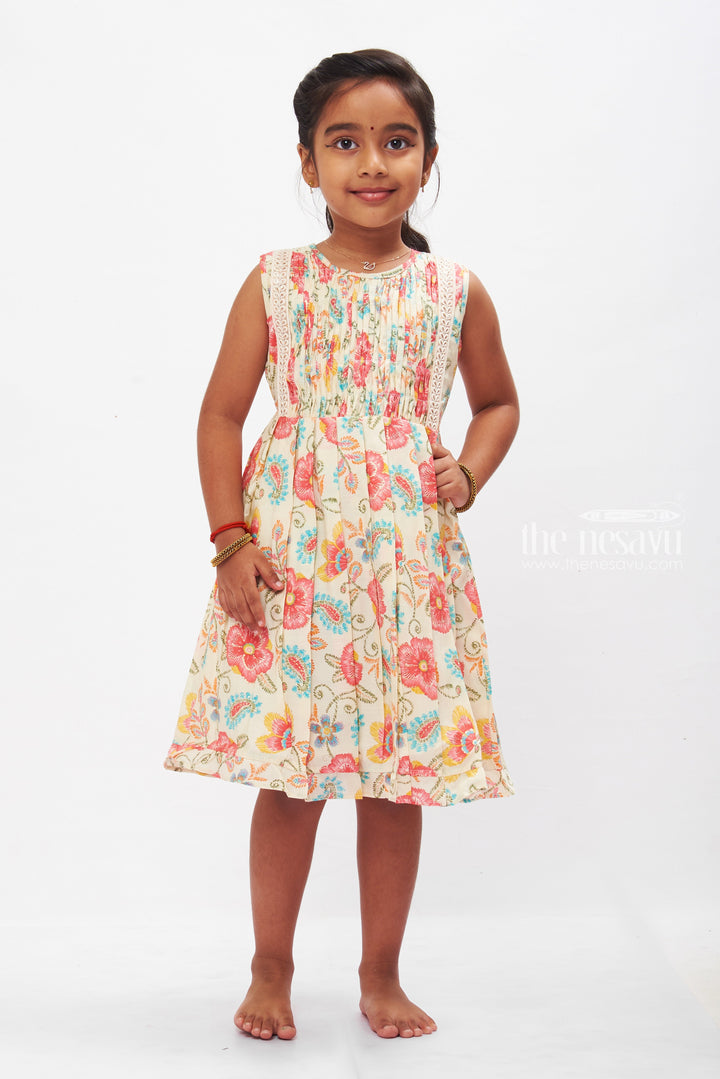 The Nesavu Girls Cotton Frock Sunny Floral Kids Cotton Frock with Elegant Lace Detailing Nesavu 16 (1Y) / Pink GFC1230A-16 Girls Summer Cotton Dress Favorites | Lace Detailed Floral Cotton Frock | The Nesavu