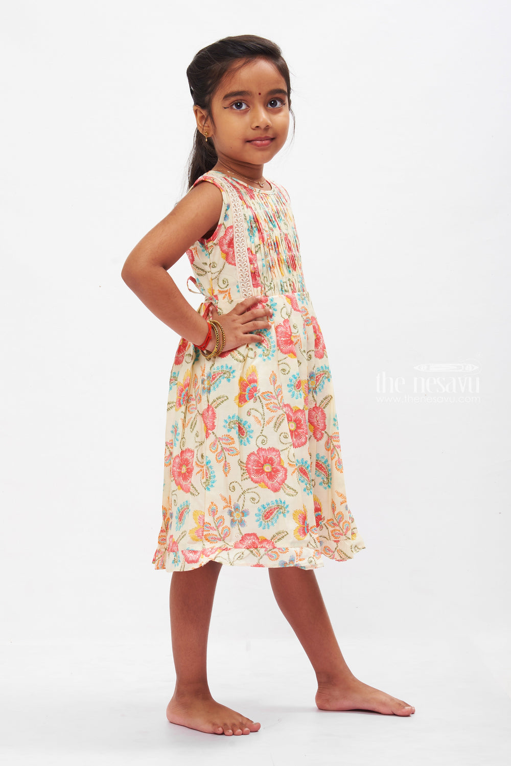 The Nesavu Girls Cotton Frock Sunny Floral Kids Cotton Frock with Elegant Lace Detailing Nesavu Girls Summer Cotton Dress Favorites | Lace Detailed Floral Cotton Frock | The Nesavu