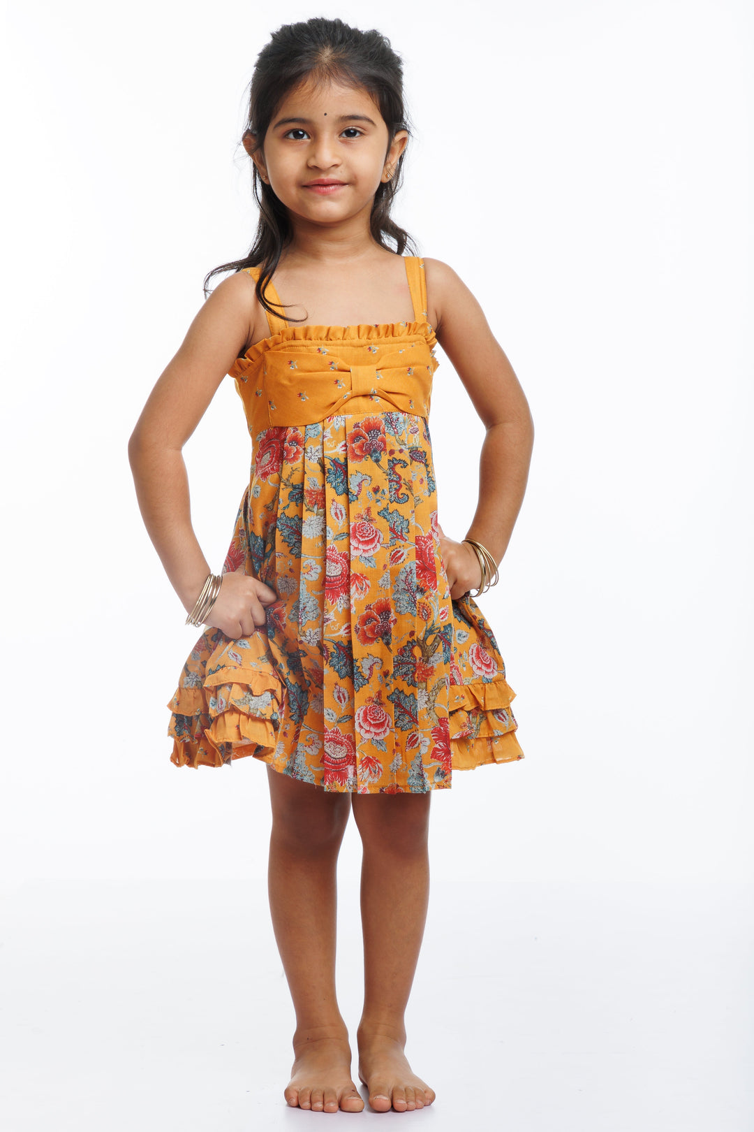 The Nesavu Girls Cotton Frock Sunny Floral Sleeveless Cotton Frock for Girls Nesavu 14 (6M) / Yellow / Cotton GFC1271A-14 Mustard Floral Printed Cotton Dress for Girls | Summer Chic Sleeveless Frock | The Nesavu