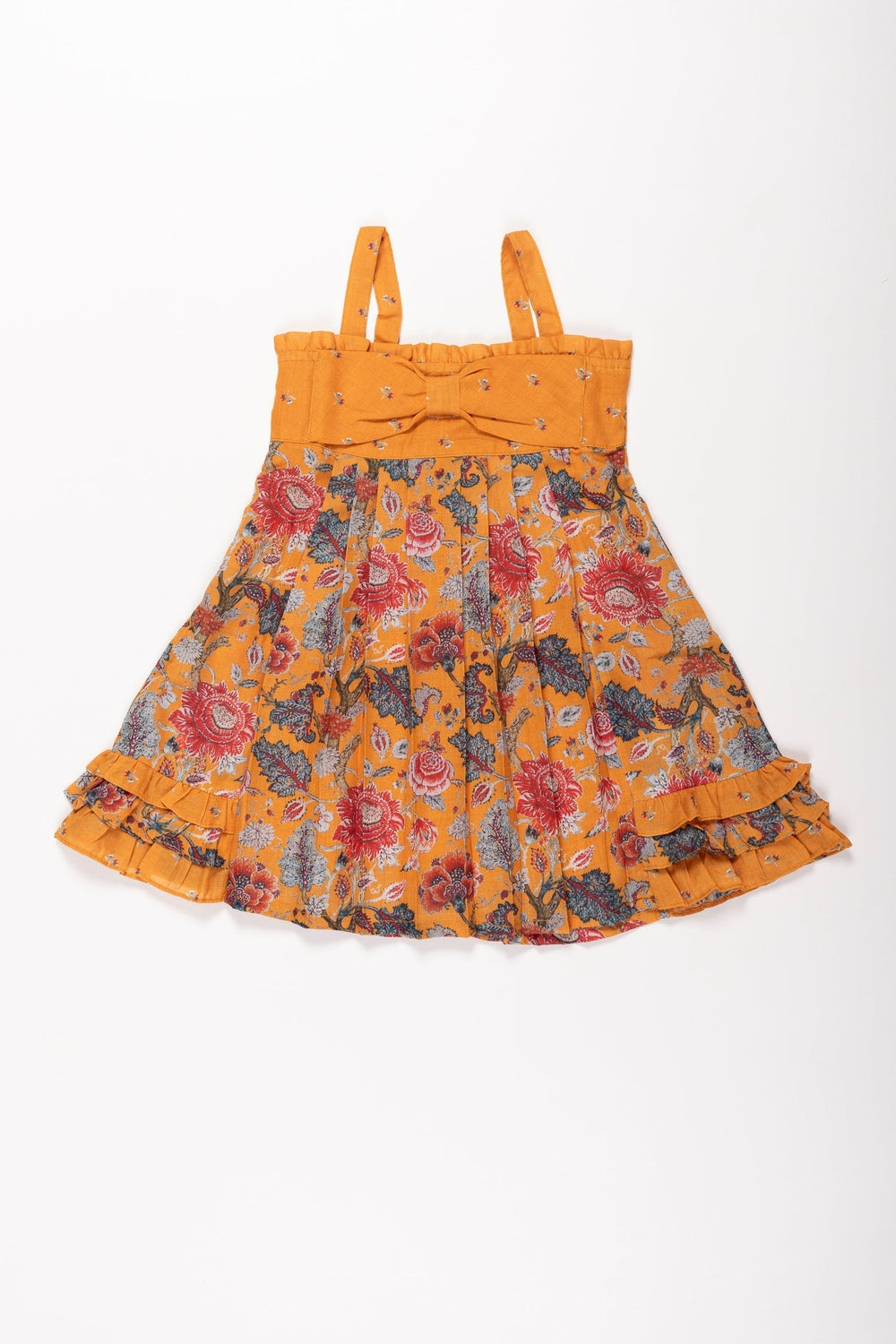 The Nesavu Girls Cotton Frock Sunny Floral Sleeveless Cotton Frock for Girls Nesavu Mustard Floral Printed Cotton Dress for Girls | Summer Chic Sleeveless Frock | The Nesavu