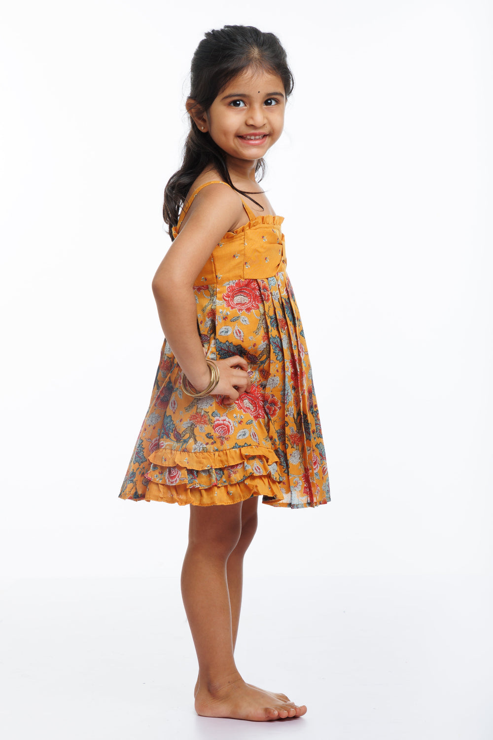 The Nesavu Girls Cotton Frock Sunny Floral Sleeveless Cotton Frock for Girls Nesavu Mustard Floral Printed Cotton Dress for Girls | Summer Chic Sleeveless Frock | The Nesavu