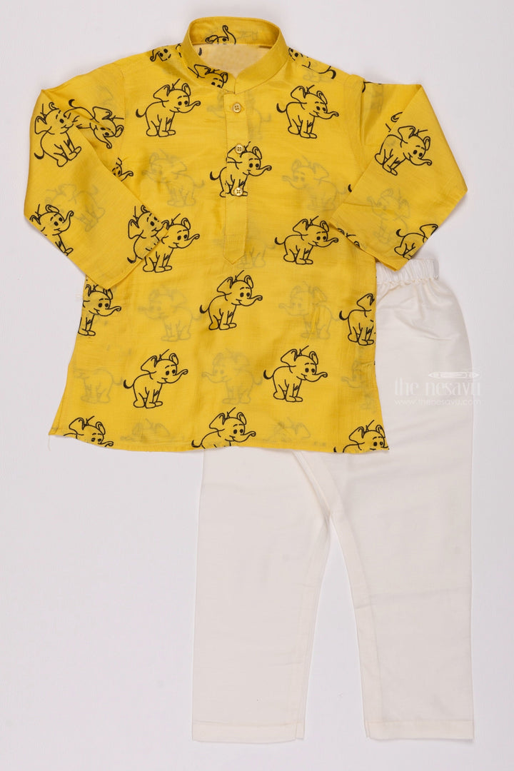 The Nesavu Boys Kurtha Set Sunny Safari: Cheerful Yellow Animal-Print Kurta & Pant Combo for Boys Nesavu 12 (3M) / Yellow / Muslin Silk BES383A-12 Shop Stylish Boys Kurta with Pant | Traditional Set Online | The Nesavu