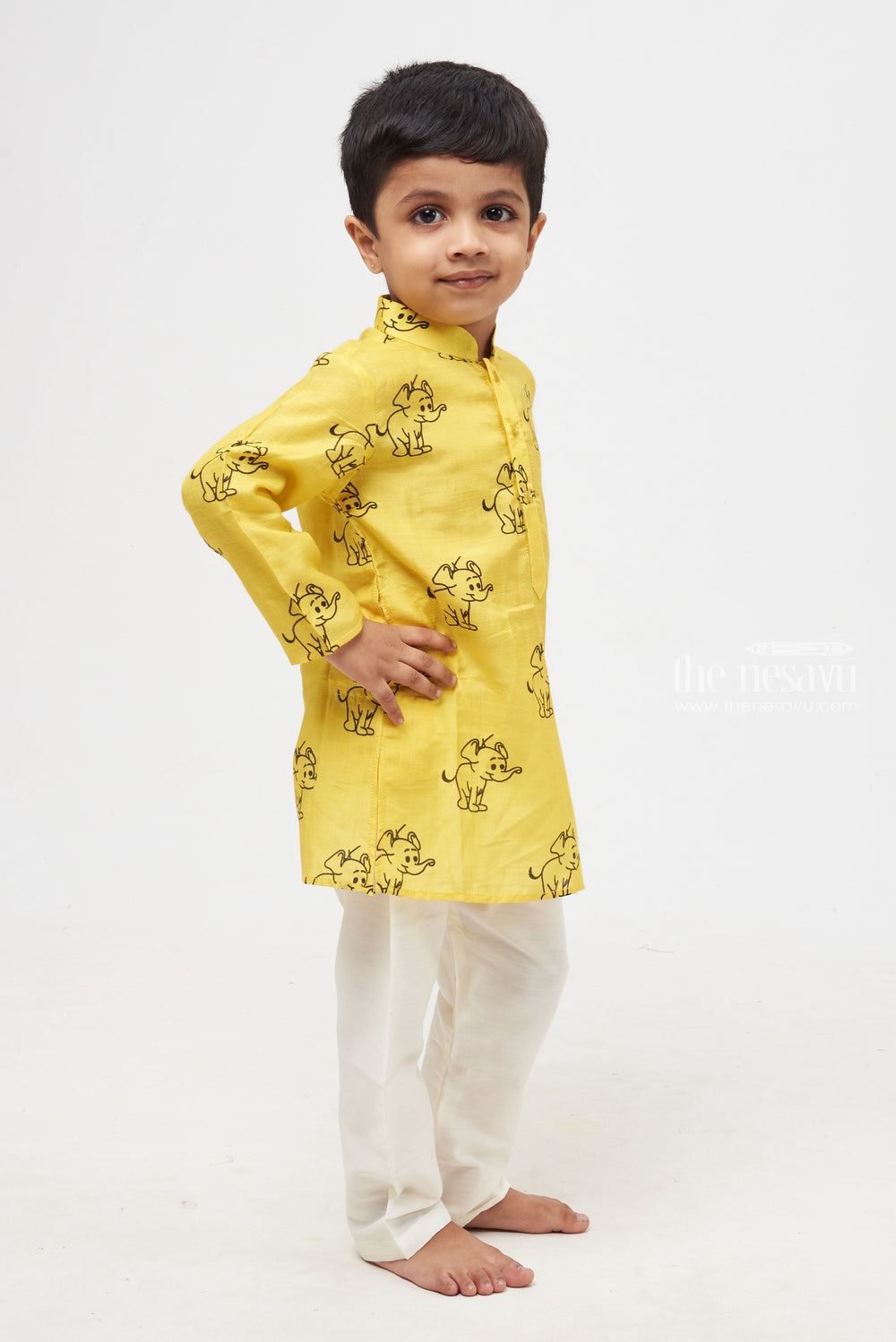 The Nesavu Boys Kurtha Set Sunny Safari: Cheerful Yellow Animal-Print Kurta & Pant Combo for Boys Nesavu Shop Stylish Boys Kurta with Pant | Traditional Set Online | The Nesavu