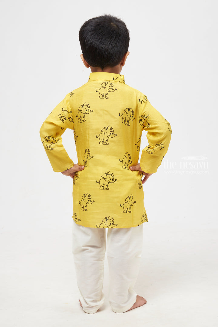 The Nesavu Boys Kurtha Set Sunny Safari: Cheerful Yellow Animal-Print Kurta & Pant Combo for Boys Nesavu Shop Stylish Boys Kurta with Pant | Traditional Set Online | The Nesavu