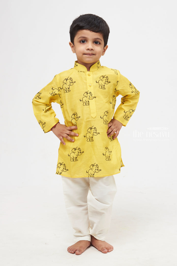 The Nesavu Boys Kurtha Set Sunny Safari: Cheerful Yellow Animal-Print Kurta & Pant Combo for Boys Nesavu Shop Stylish Boys Kurta with Pant | Traditional Set Online | The Nesavu