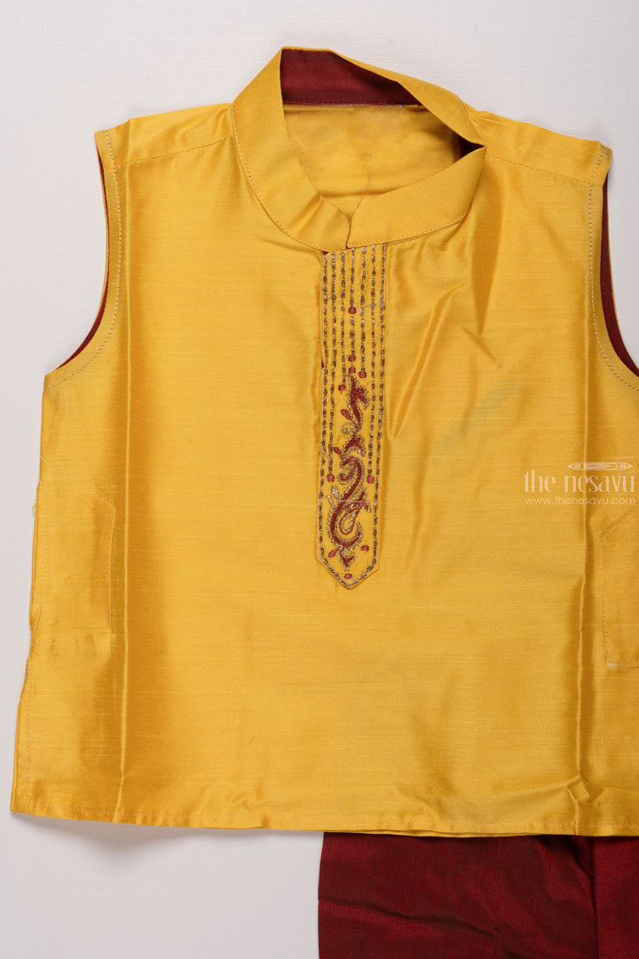 The Nesavu Boys Dothi Set Sunny Splendor: Boys Yellow Silk Kurta with Maroon Dothi and Exquisite Embroidery Nesavu Timeless Traditions | New Festive Boys Kurta with Panchagajam Sets | The Nesavu