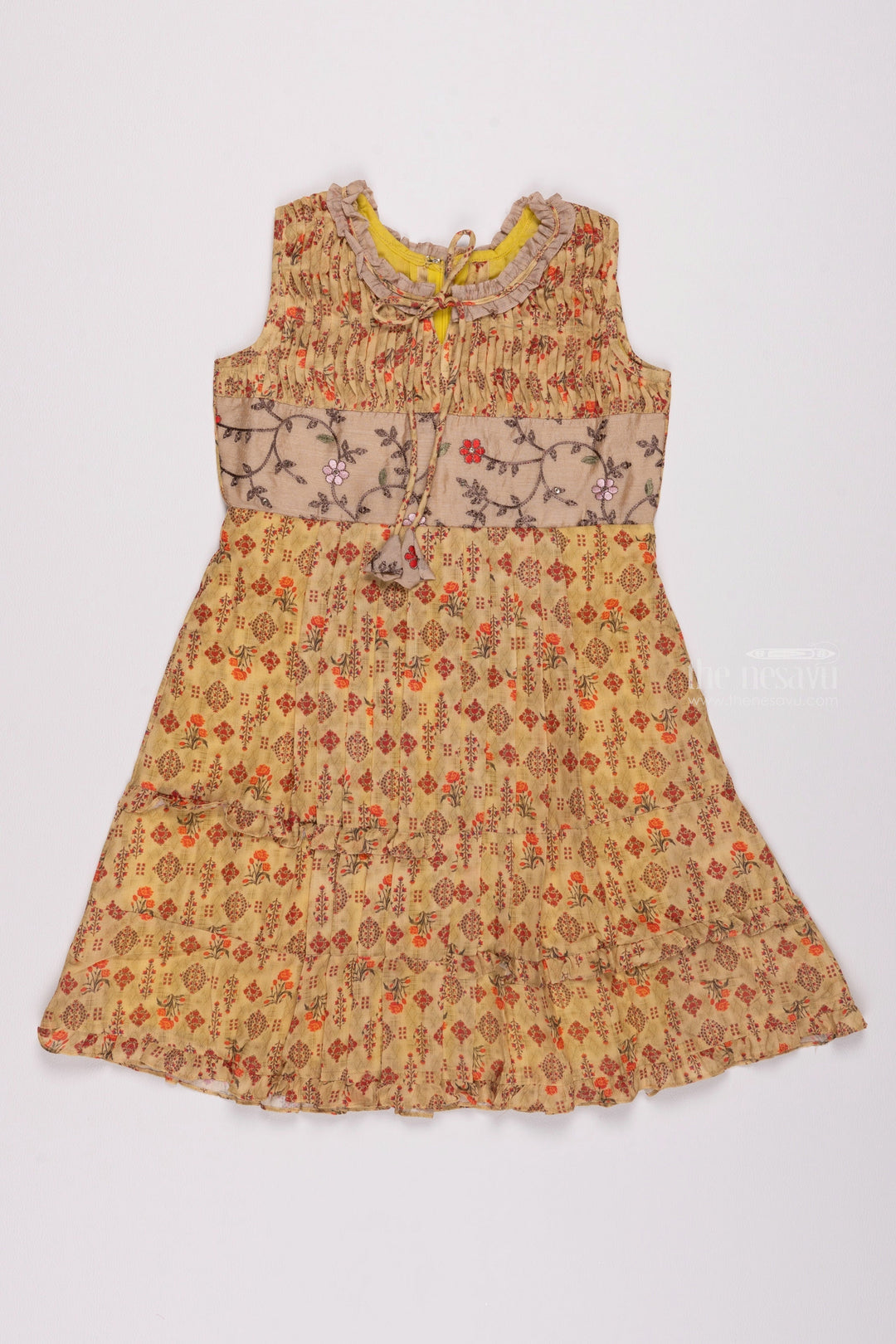 The Nesavu Girls Cotton Frock Sunny Vibes: Floral Printed Pleated Yellow Cotton Frock for Girls Nesavu 22 (4Y) / Yellow / Chanderi GFC1155B-22 Shop Elegant Cotton Frocks: Stylish & Casual Dresses for Kids