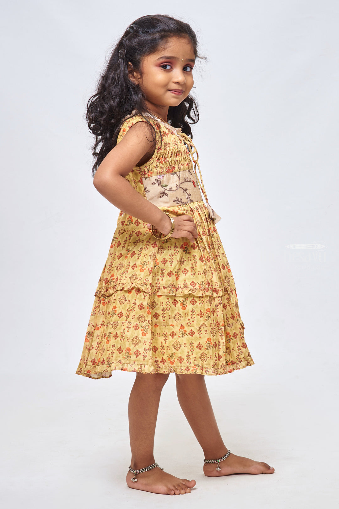 The Nesavu Girls Cotton Frock Sunny Vibes: Floral Printed Pleated Yellow Cotton Frock for Girls Nesavu Shop Elegant Cotton Frocks: Stylish & Casual Dresses for Kids