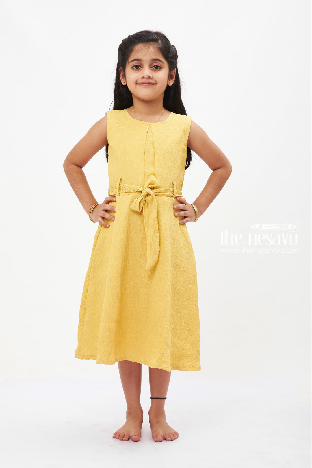 The Nesavu Girls Fancy Frock Sunny Yellow Bow Detail Cotton Dress: Bright and Beautiful for Girls Nesavu 18 (2Y) / Yellow GFC1220B-18 Girls' Vibrant Yellow Cotton Dress | Sleeveless Bow Frock | The Nesavu