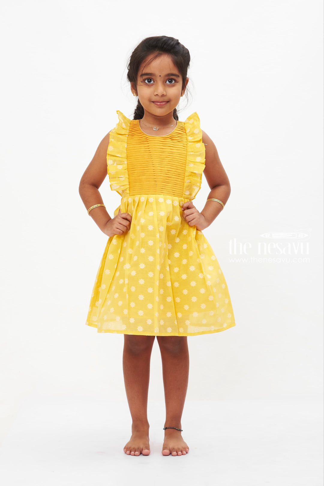 The Nesavu Baby Cotton Frocks Sunny Yellow Ruffle Sleeve Baby Frock with Daisy Accents for Girls Nesavu 16 (1Y) / Yellow BFJ509C-16 Girls Yellow Daisy Print Dress with Ruffle Sleeves | Baby Cotton Frock | The Nesavu