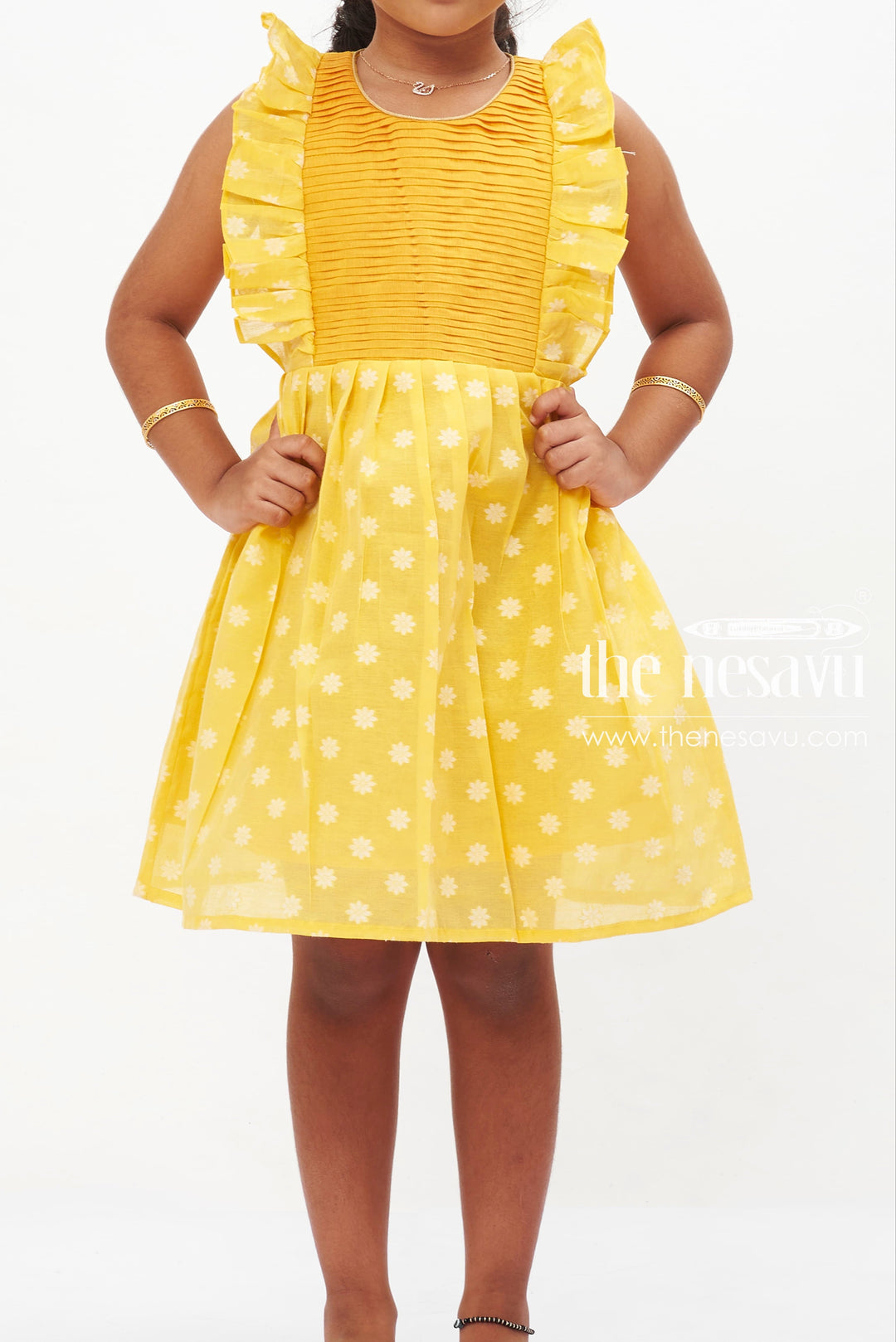 The Nesavu Baby Cotton Frocks Sunny Yellow Ruffle Sleeve Baby Frock with Daisy Accents for Girls Nesavu Girls Yellow Daisy Print Dress with Ruffle Sleeves | Baby Cotton Frock | The Nesavu