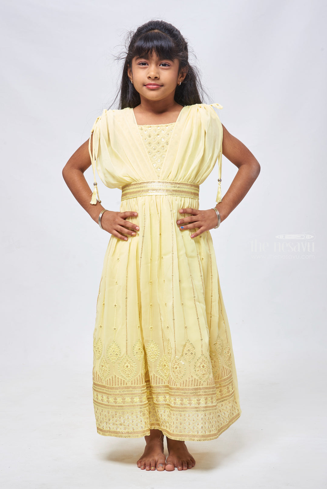 The Nesavu Girls Party Gown Sunny Yellow Sequins & Poncho Sleeves: Gown Glam for Girls Nesavu 22 (4Y) / Yellow / Georgette GA147B-22 Latest Anarkali Designs 2023 Collection | Royal Anarkali Dress | The Nesavu