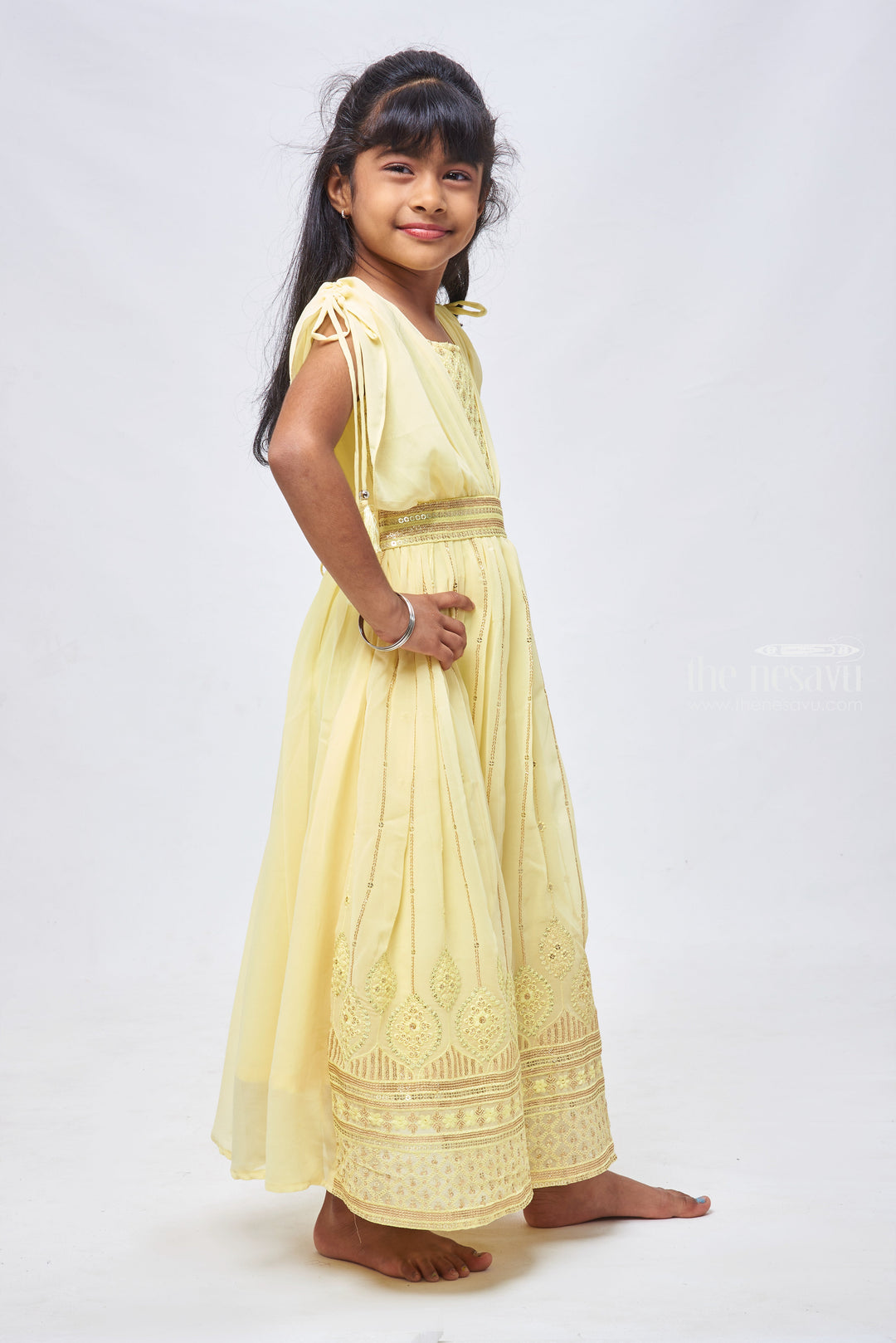 The Nesavu Girls Party Gown Sunny Yellow Sequins & Poncho Sleeves: Gown Glam for Girls Nesavu Latest Anarkali Designs 2023 Collection | Royal Anarkali Dress | The Nesavu