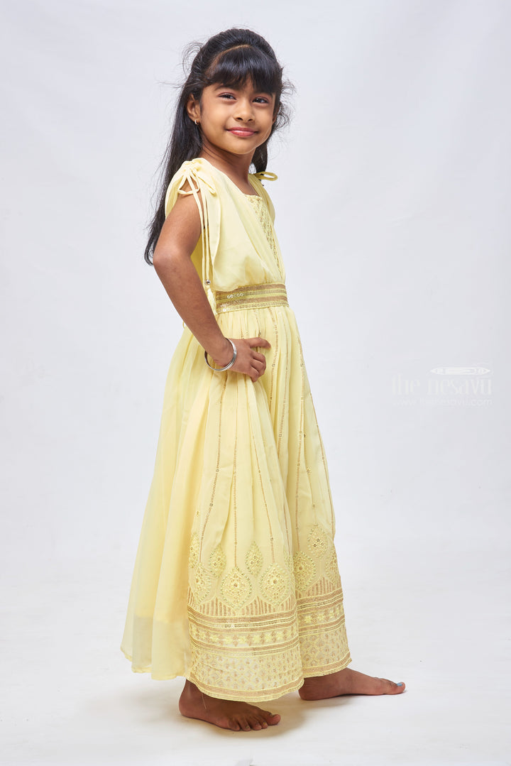 The Nesavu Girls Party Gown Sunny Yellow Sequins & Poncho Sleeves: Gown Glam for Girls Nesavu Latest Anarkali Designs 2023 Collection | Royal Anarkali Dress | The Nesavu