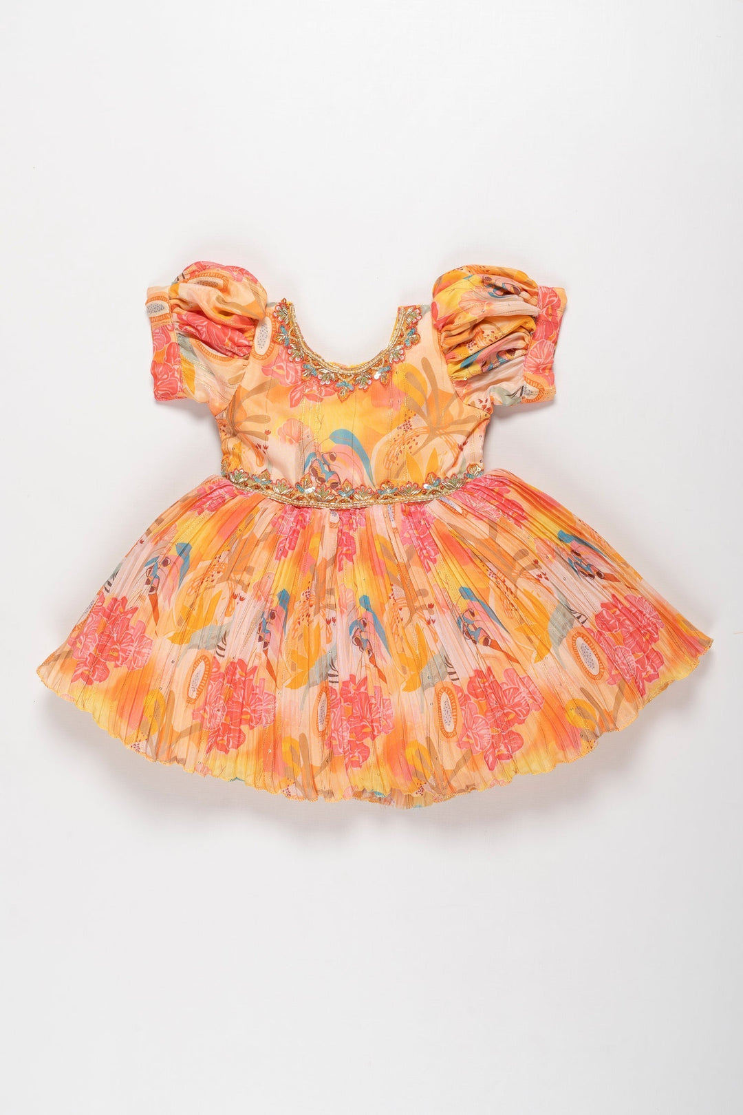 The Nesavu Silk Party Frock Sunset Hues Pleated Party Frock with Embellished Neckline for Girls Nesavu 16 (1Y) / Orange / Chinnon SF756A-16 Shop Vibrant Pleated Girls' Party Frock | Twirl-Ready & Sparkling | The Nesavu
