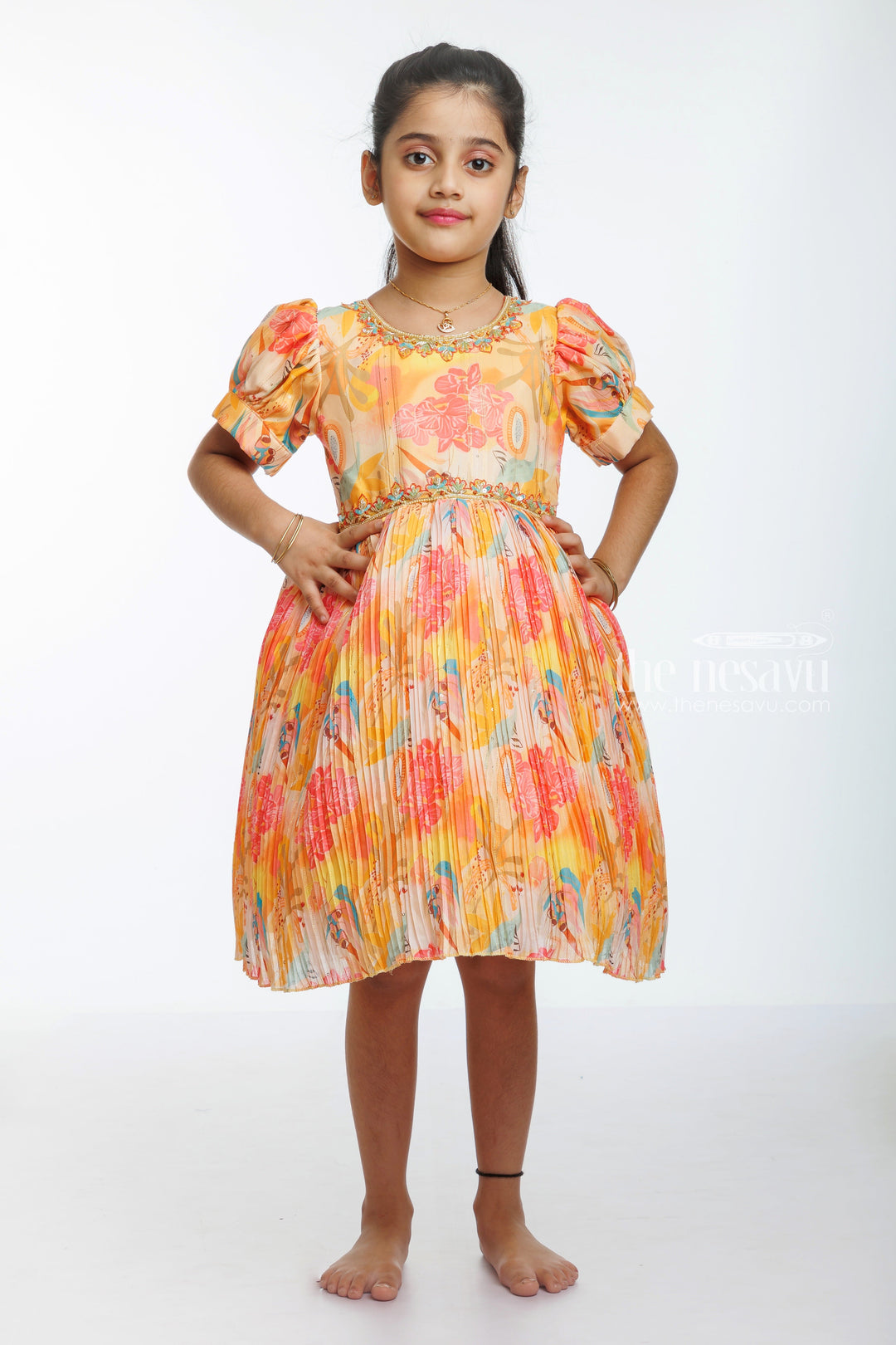 The Nesavu Silk Party Frock Sunset Hues Pleated Party Frock with Embellished Neckline for Girls Nesavu 16 (1Y) / Orange / Chinnon SF756A-16 Shop Vibrant Pleated Girls' Party Frock | Twirl-Ready & Sparkling | The Nesavu