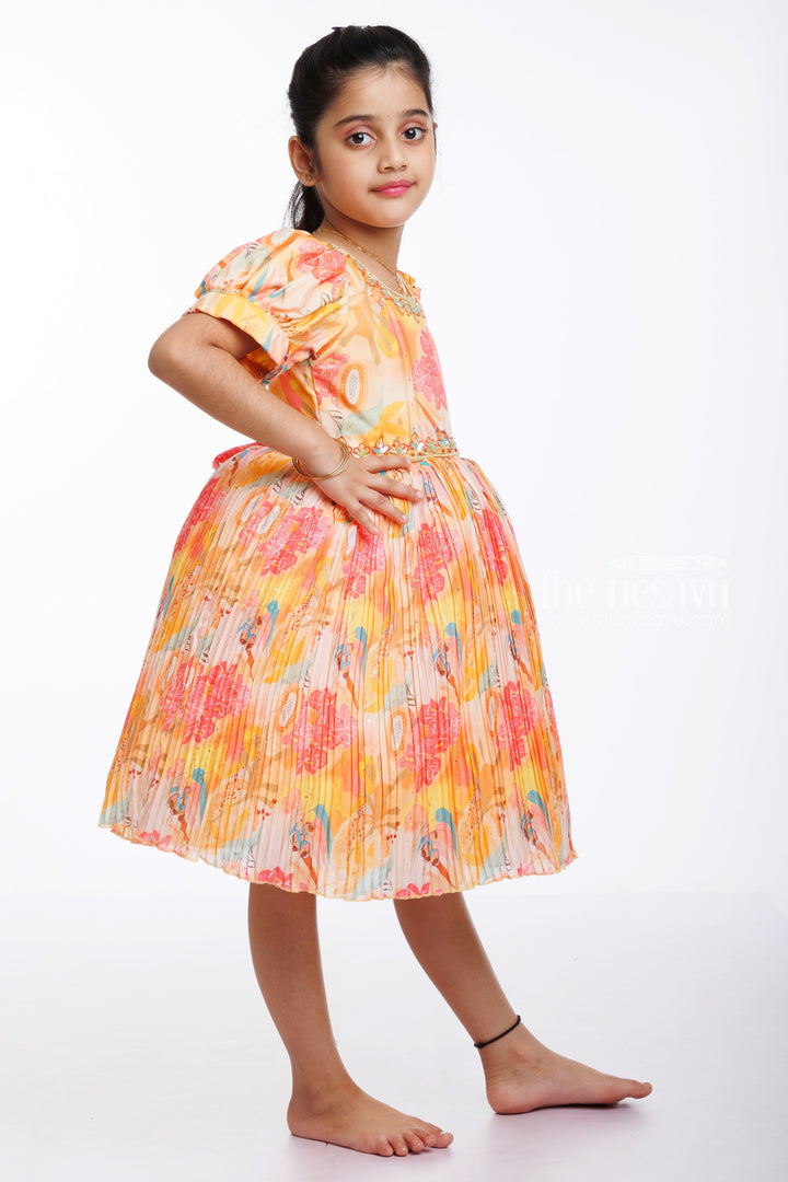 The Nesavu Silk Party Frock Sunset Hues Pleated Party Frock with Embellished Neckline for Girls Nesavu Shop Vibrant Pleated Girls' Party Frock | Twirl-Ready & Sparkling | The Nesavu