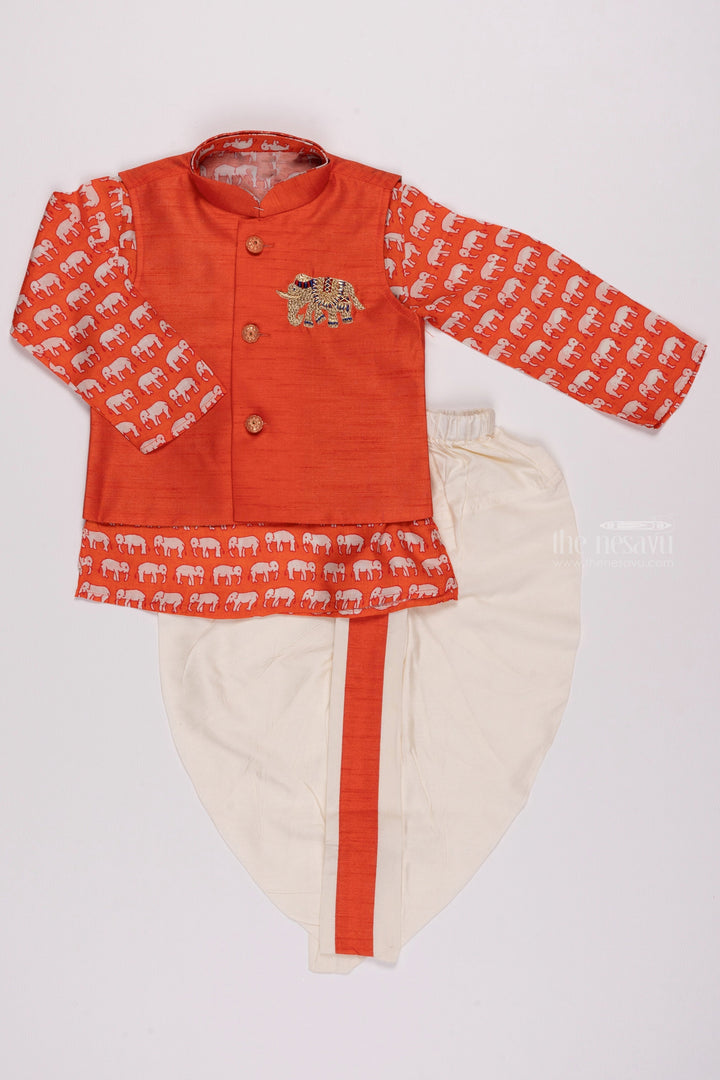 The Nesavu Boys Jacket Sets Sunset Safari: Maroon Animal Print Kurta & Overcoat with Fiery Orange Panchagajam for Boys Nesavu 12 (3M) / Orange / Muslin Silk BES387B-12 Exclusive & Trendy | Boys Kurta with Matching Dhoti | The Nesavu