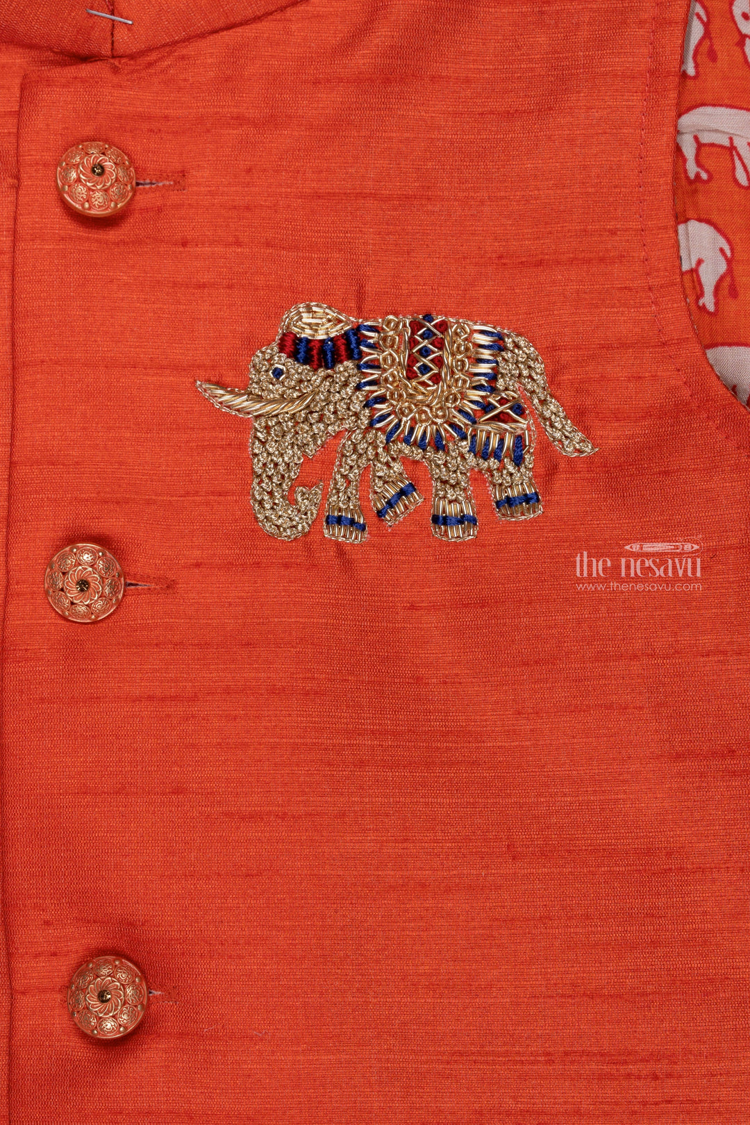 The Nesavu Boys Jacket Sets Sunset Safari: Maroon Animal Print Kurta & Overcoat with Fiery Orange Panchagajam for Boys Nesavu Exclusive & Trendy | Boys Kurta with Matching Dhoti | The Nesavu