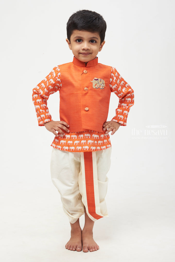 The Nesavu Boys Jacket Sets Sunset Safari: Maroon Animal Print Kurta & Overcoat with Fiery Orange Panchagajam for Boys Nesavu Exclusive & Trendy | Boys Kurta with Matching Dhoti | The Nesavu