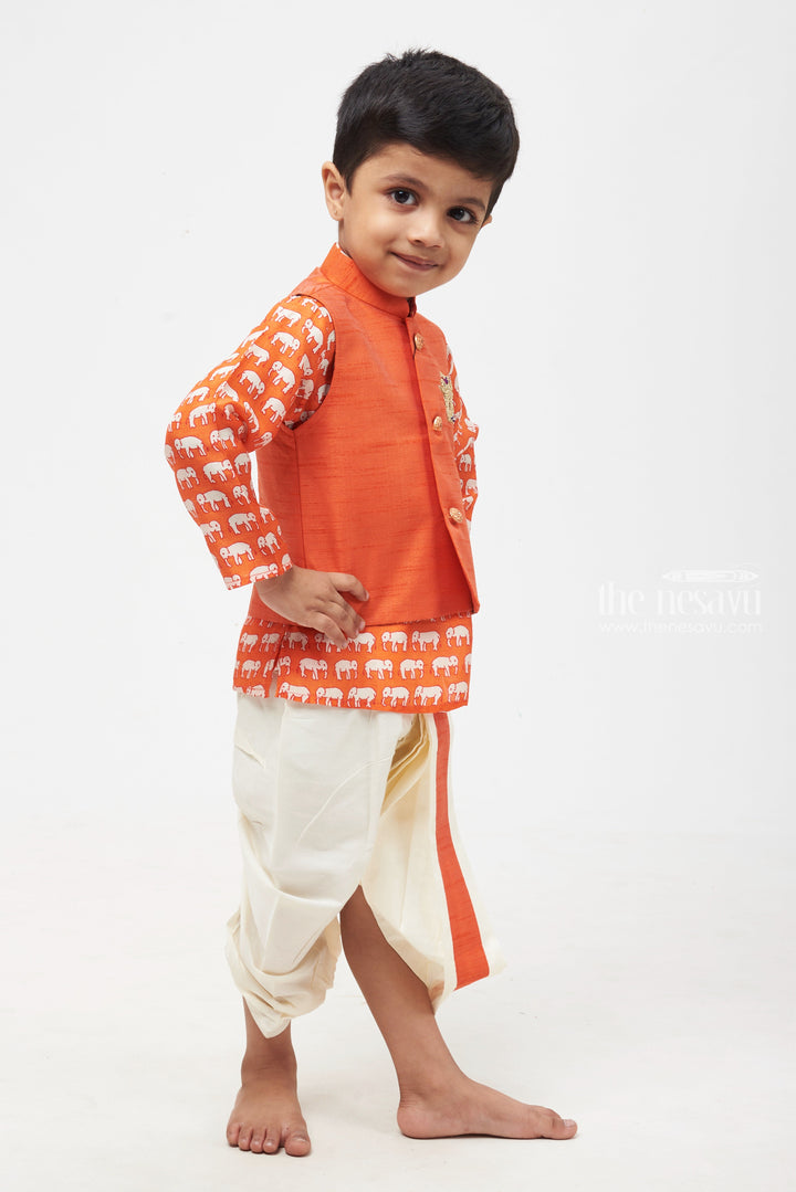 The Nesavu Boys Jacket Sets Sunset Safari: Maroon Animal Print Kurta & Overcoat with Fiery Orange Panchagajam for Boys Nesavu Exclusive & Trendy | Boys Kurta with Matching Dhoti | The Nesavu