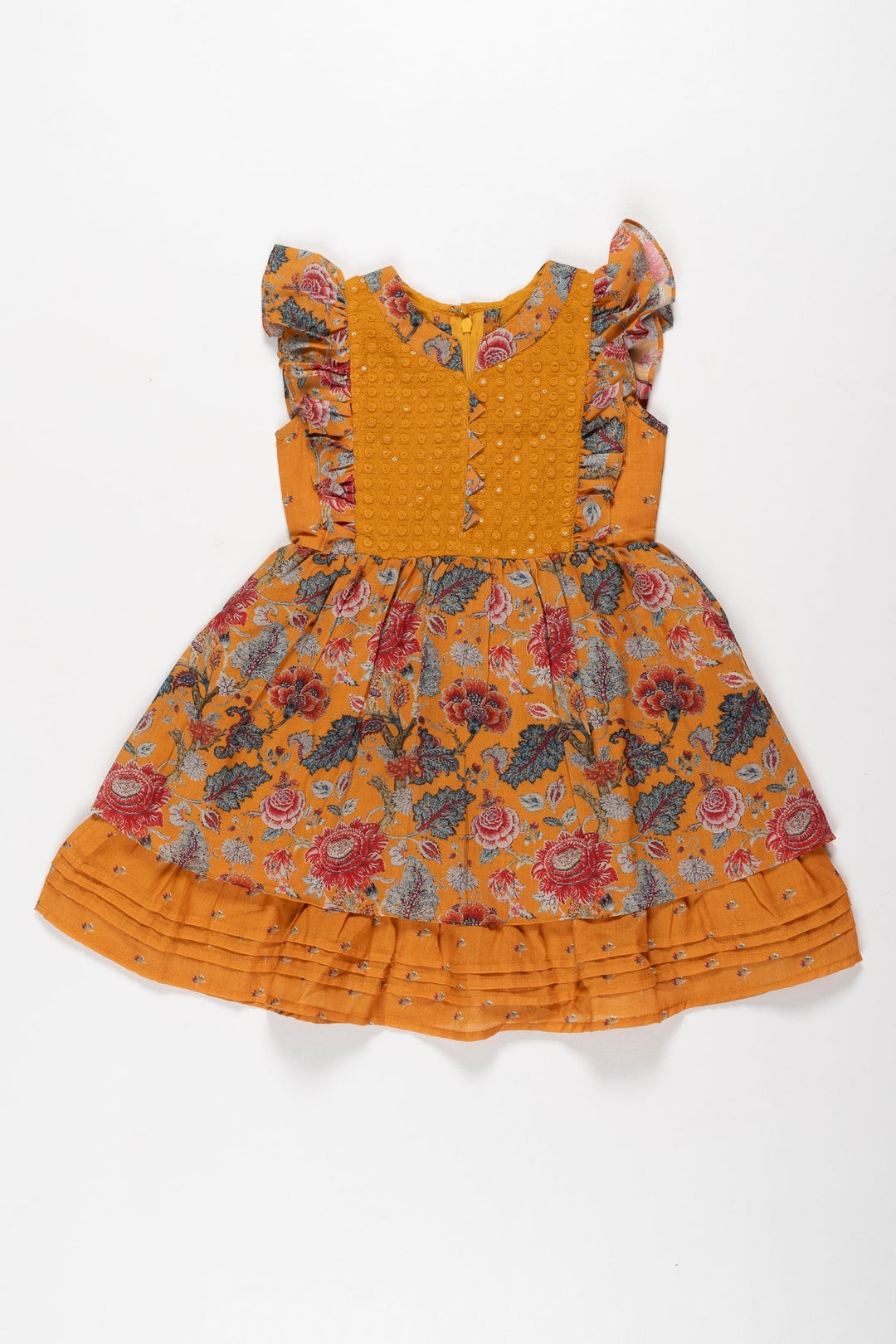 The Nesavu Girls Cotton Frock Sunshine and Blooms: Girls Mustard Floral Cotton Frock with Ruffle Accents Nesavu 22 (4Y) / Yellow / Cotton GFC1293A-22 Shop Mustard Floral Ruffle Girls Cotton Frock | Ideal Summer Wear | The Nesavu