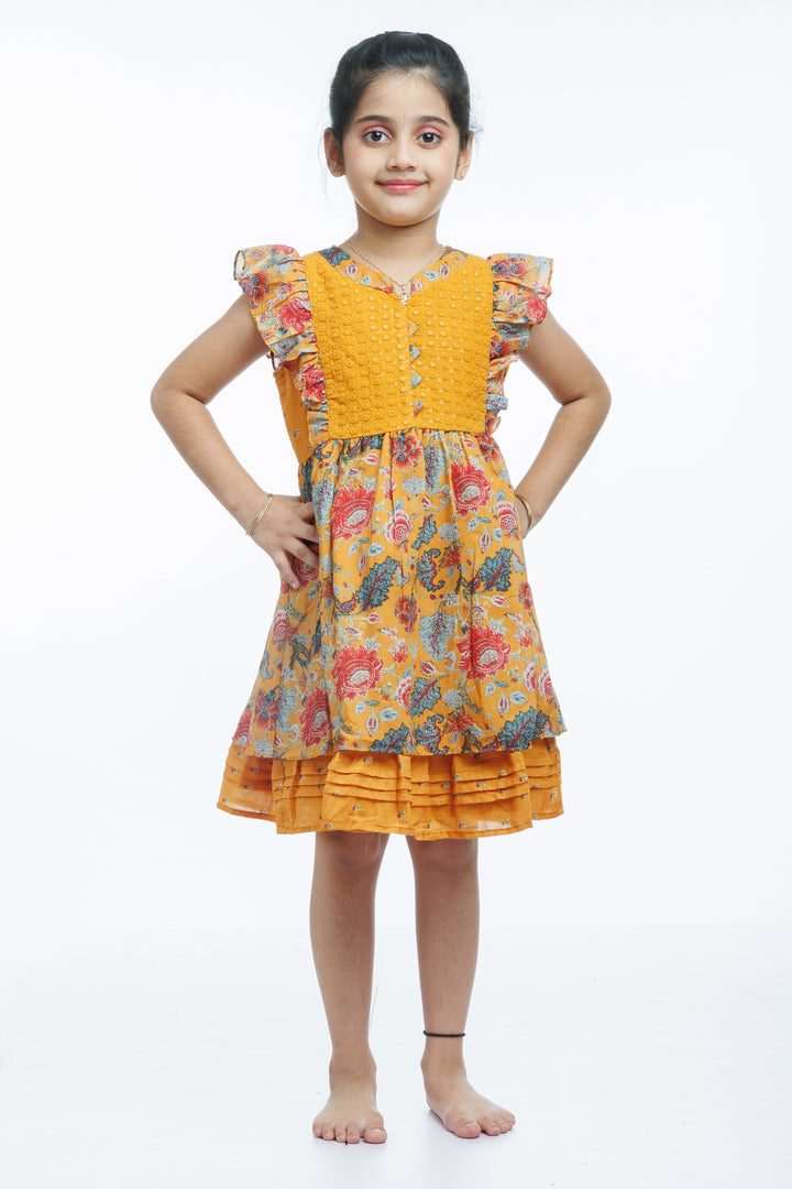 The Nesavu Girls Cotton Frock Sunshine and Blooms: Girls Mustard Floral Cotton Frock with Ruffle Accents Nesavu 22 (4Y) / Yellow / Cotton GFC1293A-22 Shop Mustard Floral Ruffle Girls Cotton Frock | Ideal Summer Wear | The Nesavu