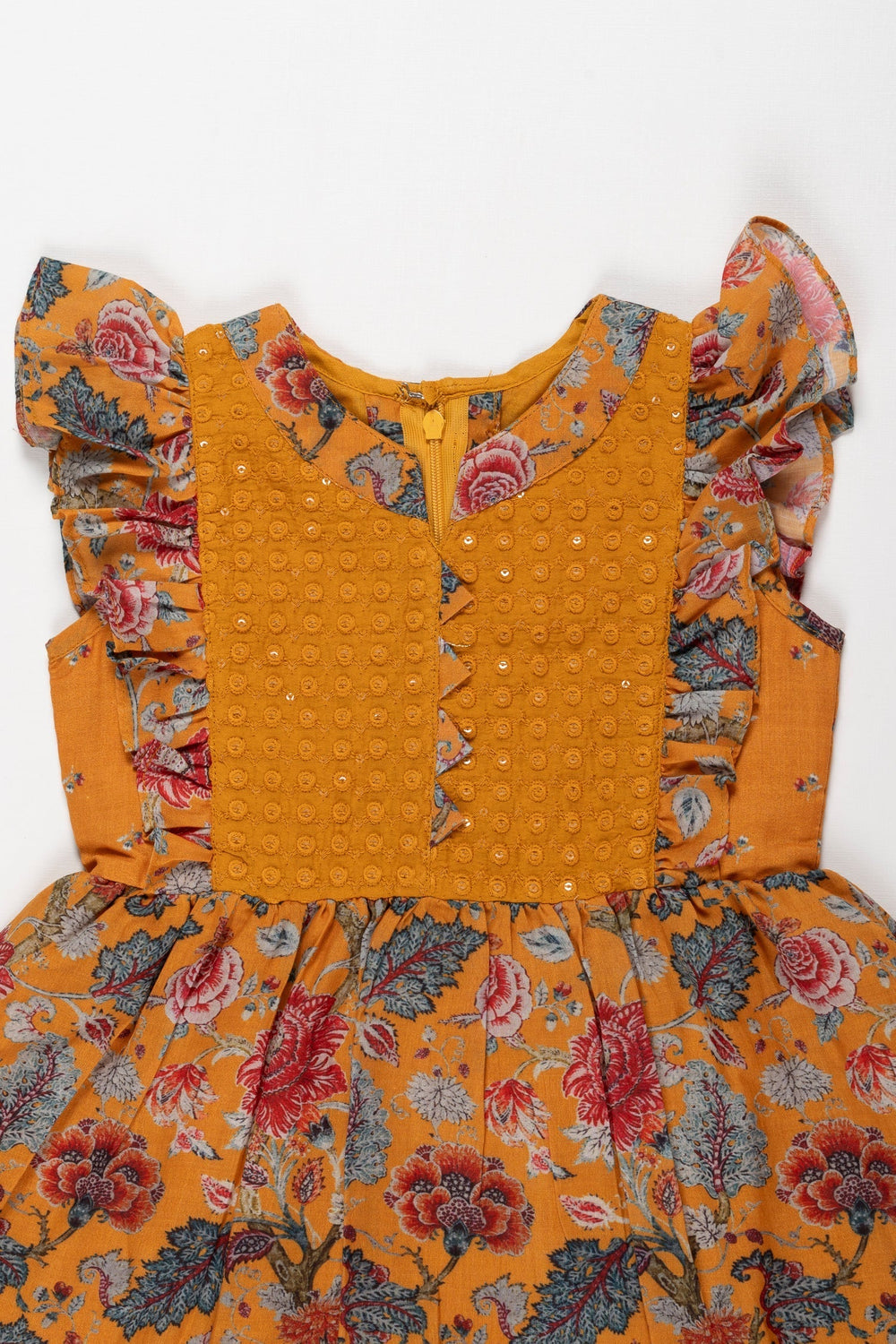 The Nesavu Girls Cotton Frock Sunshine and Blooms: Girls Mustard Floral Cotton Frock with Ruffle Accents Nesavu Shop Mustard Floral Ruffle Girls Cotton Frock | Ideal Summer Wear | The Nesavu