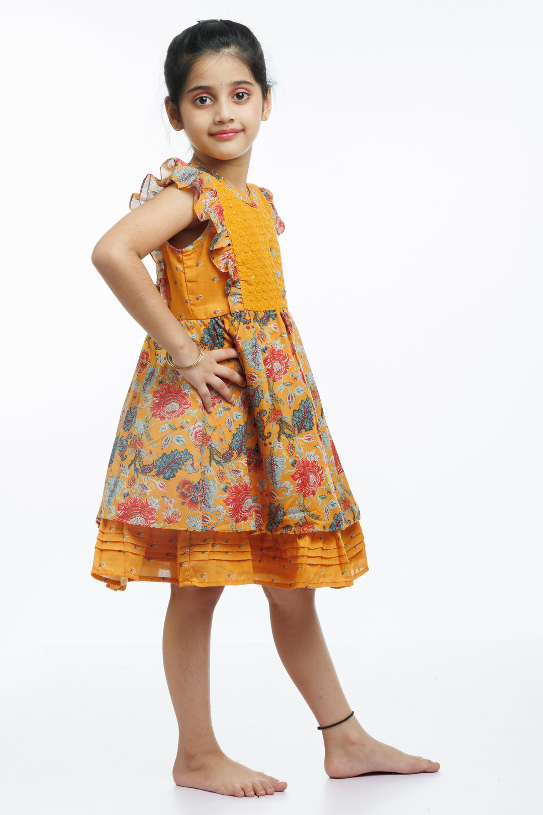 The Nesavu Girls Cotton Frock Sunshine and Blooms: Girls Mustard Floral Cotton Frock with Ruffle Accents Nesavu Shop Mustard Floral Ruffle Girls Cotton Frock | Ideal Summer Wear | The Nesavu