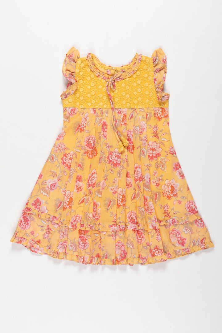 The Nesavu Girls Cotton Frock Sunshine and Blossoms: Girls Yellow Lace-Accentuated Floral Dress Nesavu 14 (6M) / Yellow / Cotton GFC1294B-14 Get the Latest Girls' Yellow Floral Cotton Dress | Perfect for Spring | The Nesavu