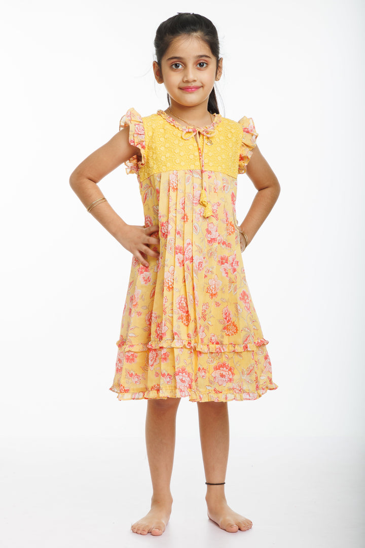 The Nesavu Girls Cotton Frock Sunshine and Blossoms: Girls Yellow Lace-Accentuated Floral Dress Nesavu 14 (6M) / Yellow / Cotton GFC1294B-14 Get the Latest Girls' Yellow Floral Cotton Dress | Perfect for Spring | The Nesavu