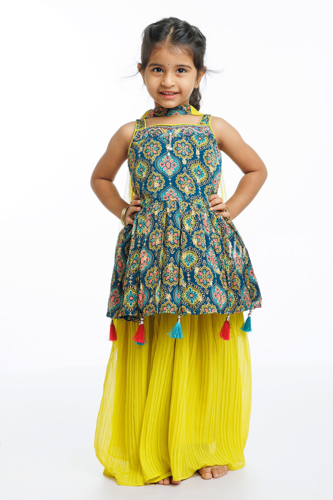 The Nesavu Girls Sharara / Plazo Set Sunshine and Mandala Kurti with Palazzo Set - A Festive Medley for Girls Nesavu 16 (1Y) / Green / Georgette GPS288A-16 Buy Girls' Kurti with Palazzo Set Online | Brighten Up Festive Celebrations | The Nesavu