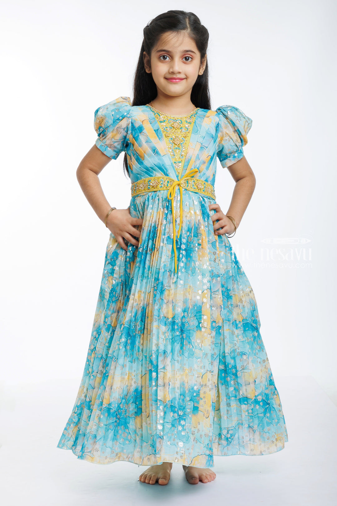 The Nesavu Girls Party Gown Sunshine Blossom Girls Anarkali Gown - A Whimsical Floral Dream Nesavu 24 (5Y) / Blue / Georgette GA195A-24 Whimsical Floral Girls Anarkali Gown | Enchanting Party Wear | The Nesavu