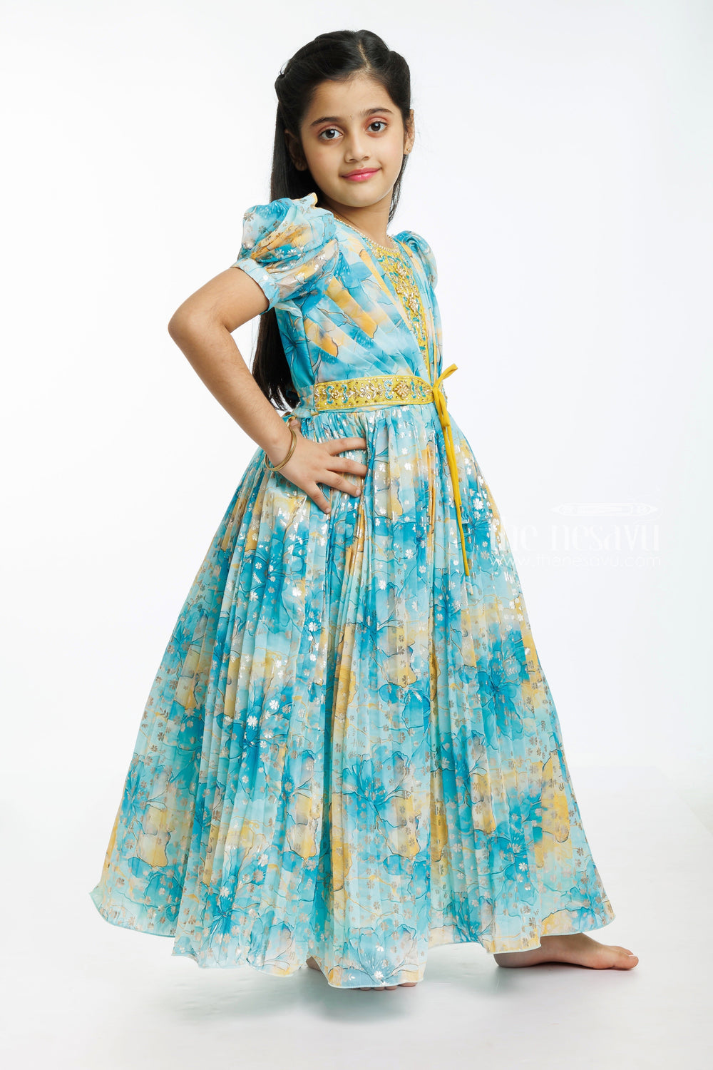 The Nesavu Girls Party Gown Sunshine Blossom Girls Anarkali Gown - A Whimsical Floral Dream Nesavu Whimsical Floral Girls Anarkali Gown | Enchanting Party Wear | The Nesavu