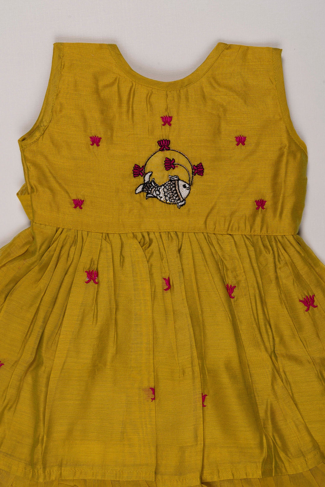The Nesavu Girls Cotton Frock Sunshine Chanderi Cotton Frock with Playful Embroidery for Girls Nesavu Girls Summer Cotton Dress Essentials | Embroidered Yellow Chanderi Frock | The Nesavu